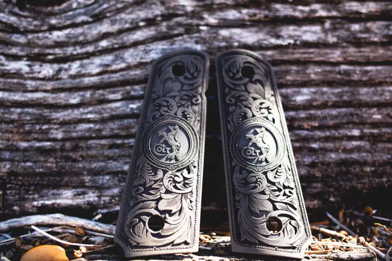 Scroll-Engraved 1911 Colt Logo Grips